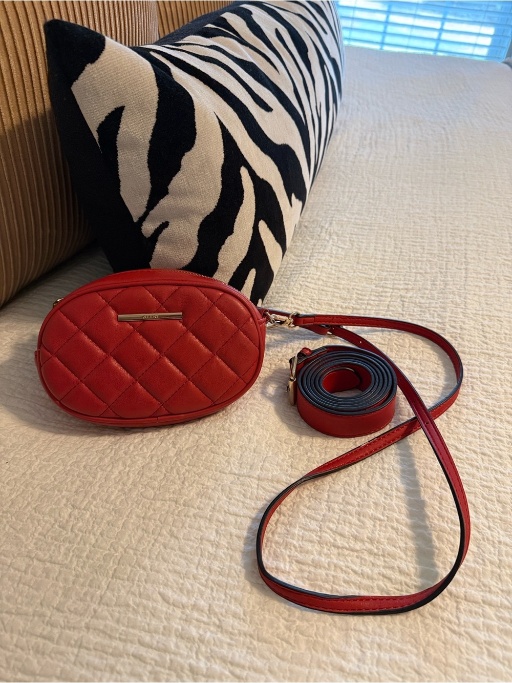Aldo Quilted Red Oval Crossbody with Gold Hardware